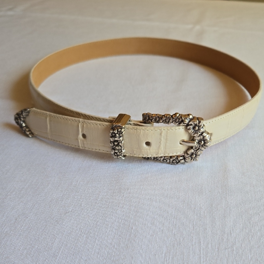 Brighton Cream Leather Belt with Floral Silver Buckle, Size 32"ML